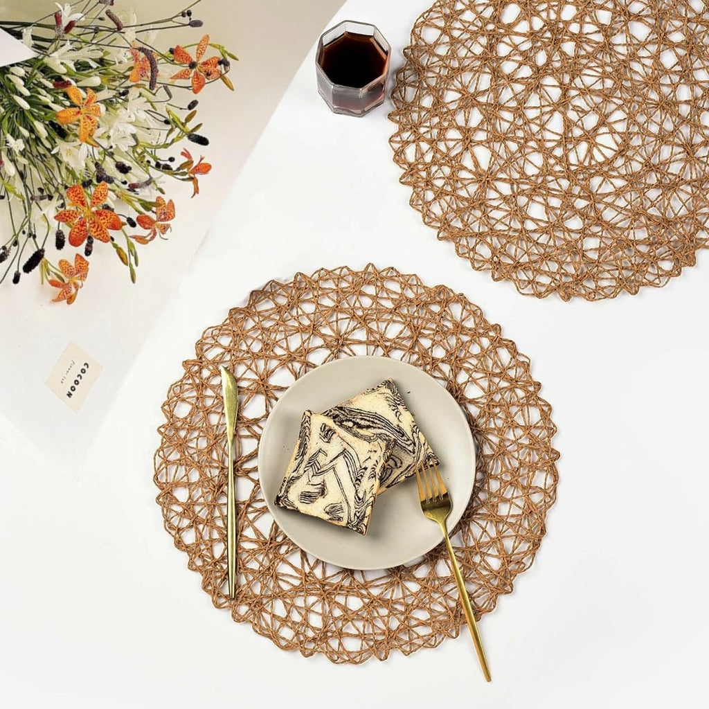 Brown Round Placemats for Dining Table, 15 Inch Paper Woven Boho Decorative Circle Place Mat for Wedding - Set of 6