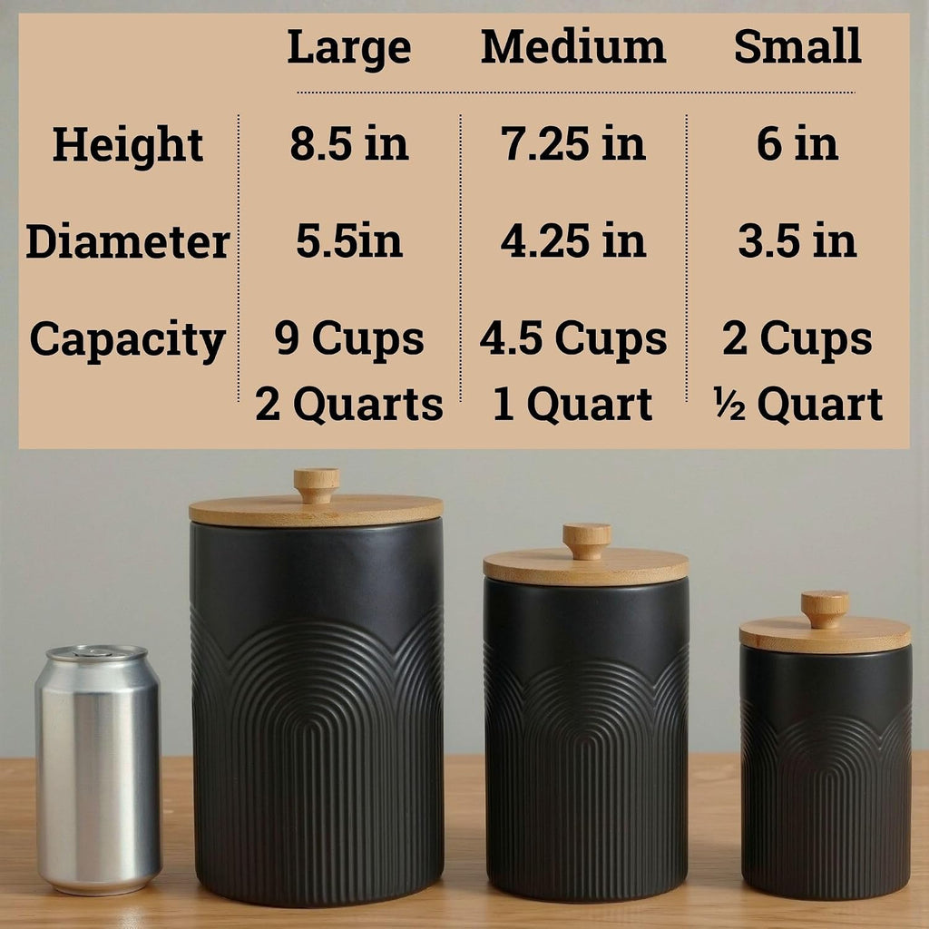 Ceramic Kitchen Canisters for Countertop w/ Airtight Bamboo Lids - Set of 3
