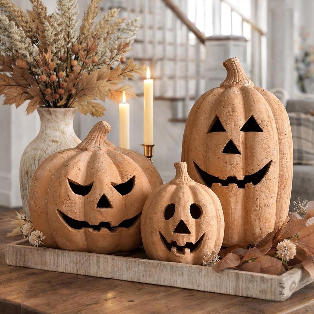 Fall Decor - Handmade Terracotta Pumpkin Jack O' Lantern Outdoor Indoor