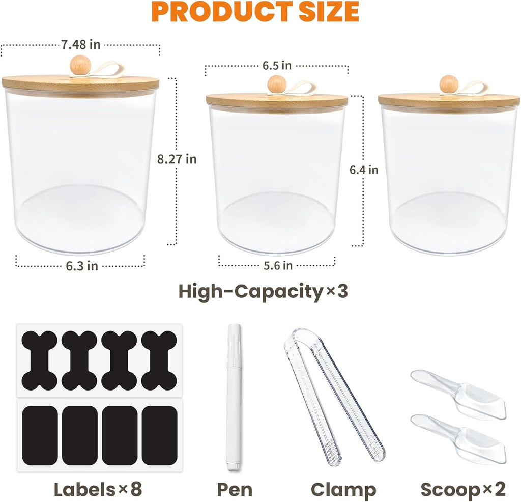 3 Pack Airtight Dog Treat Containers Bamboo Lids, Dog Treat Jars