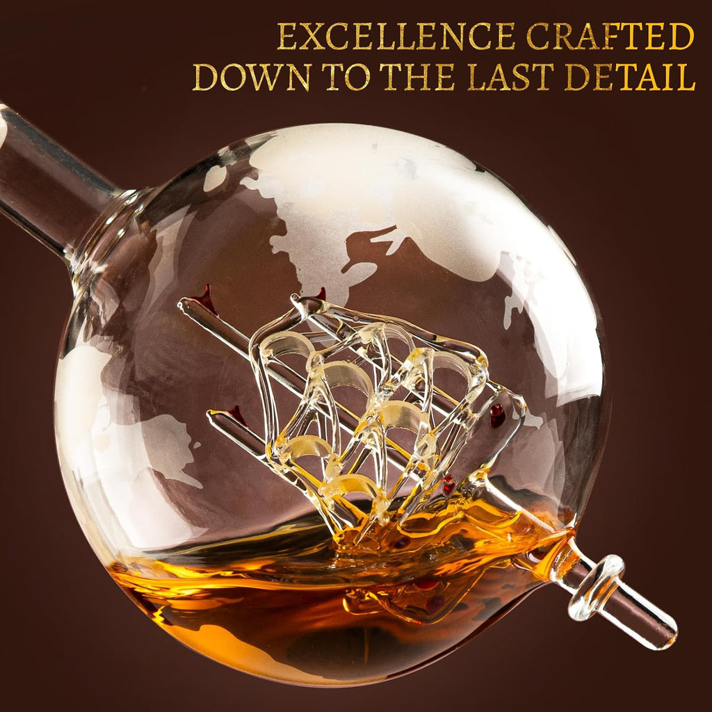 Gifts for Men Dad Husband, Whiskey Decanter Globe Set with 2 Glasses & Walnut Tray-Great Gift Idea for Whiskey