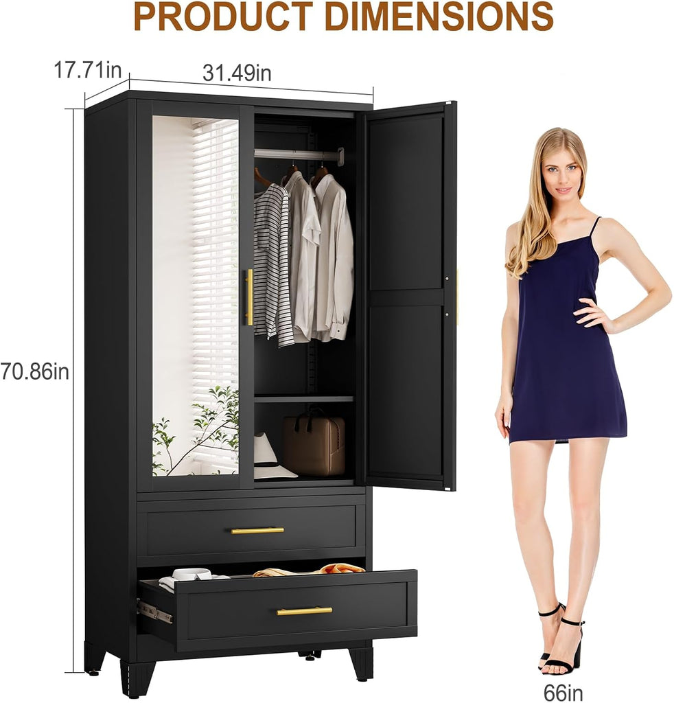 Metal Armoire Wardrobe Closet Storage Cabinet with 2 Doors Black, 71'' Wardrobe with Hanging Rod Metal Closet with