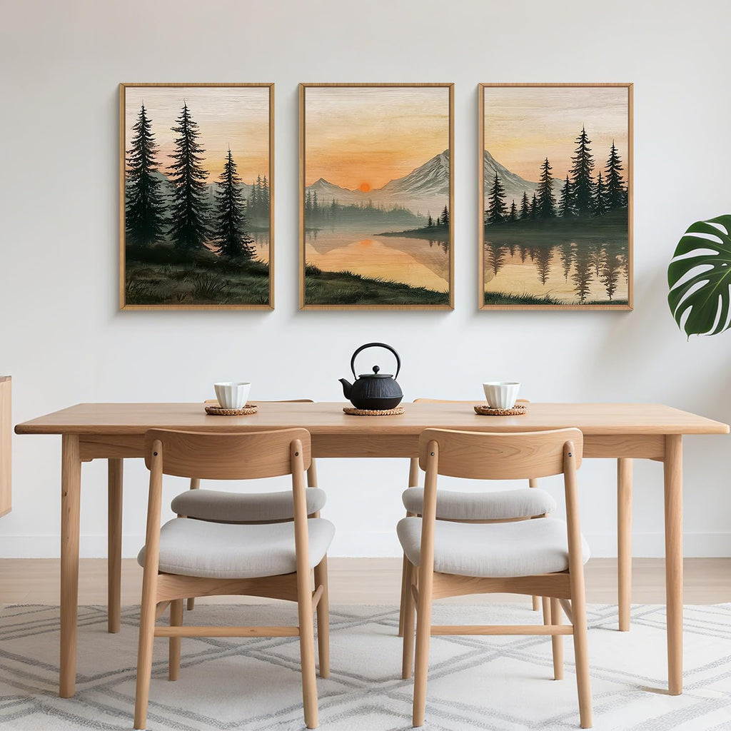 Nature Mountain Sunset Framed Canvas Wall Art, Boho Pine Trees Wall Decor, Sunset Forest Lake Painting, Modern Landscape