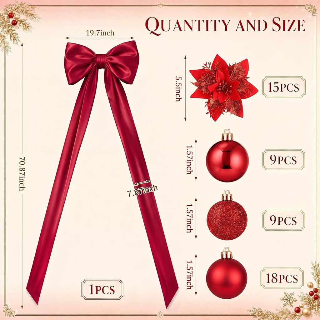 Christmas Tree Decoration Set with Burgundy Tree Topper Bow - Set of 52