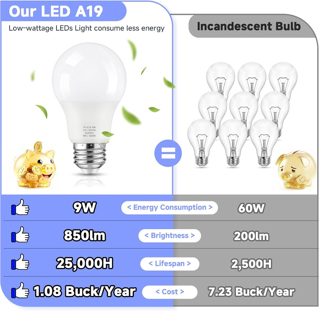 A19 LED Light Bulbs, 60W Equivalent 5000K Daylight White 6-Pack