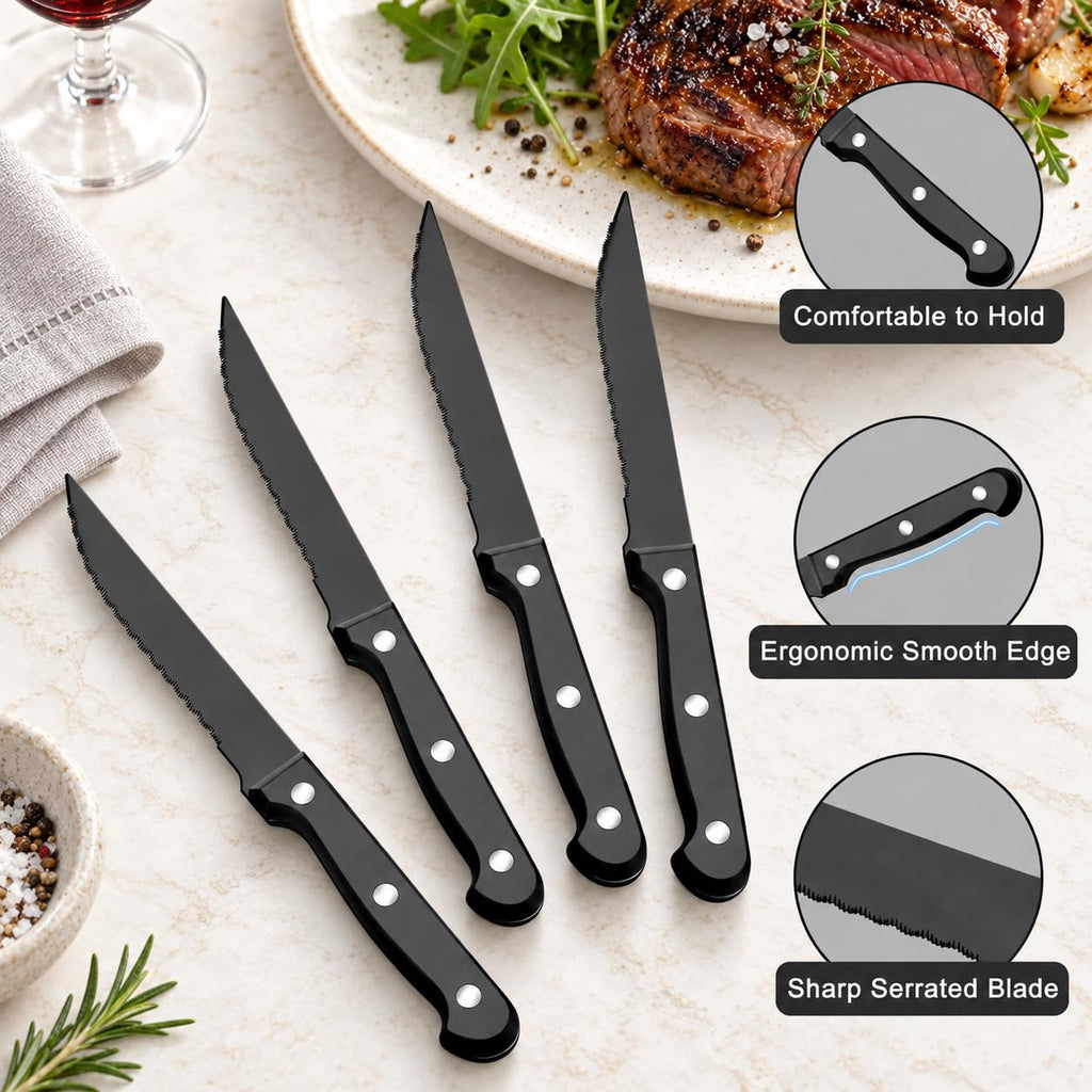 72P Black Silverware Set for 12 - Stainless Steel Flatware Set with Mirror Polish, Black Silverware Set Including