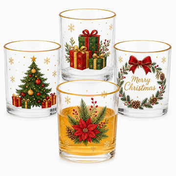 4 Pcs Christmas Whiskey Glasses Drinkware, 14 oz, Vintage Xmas
