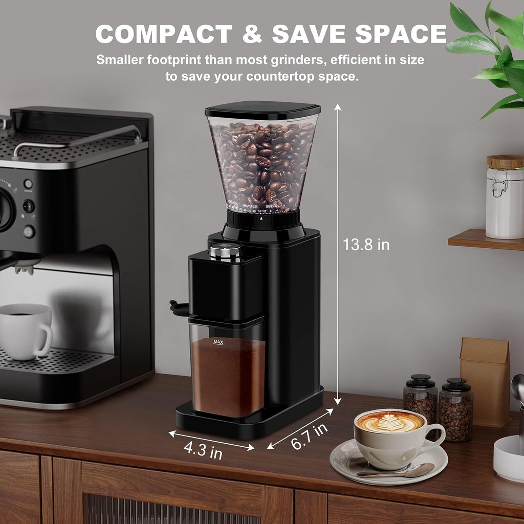 Electric Conical Burr Coffee Grinder with Portafilter Holder, Black | 48 Grind Settings, 35s Timer, Anti-Static, Easy