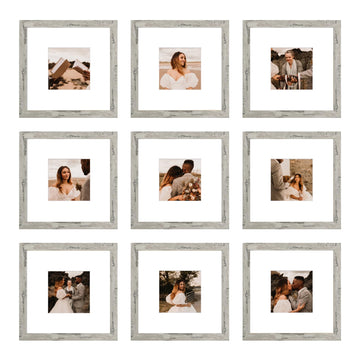 8x8 Picture Frame Set of 9, Display Pictures 4x4 with Mat or 8x8 without Mat, Multi Collage Gallery Square Photo