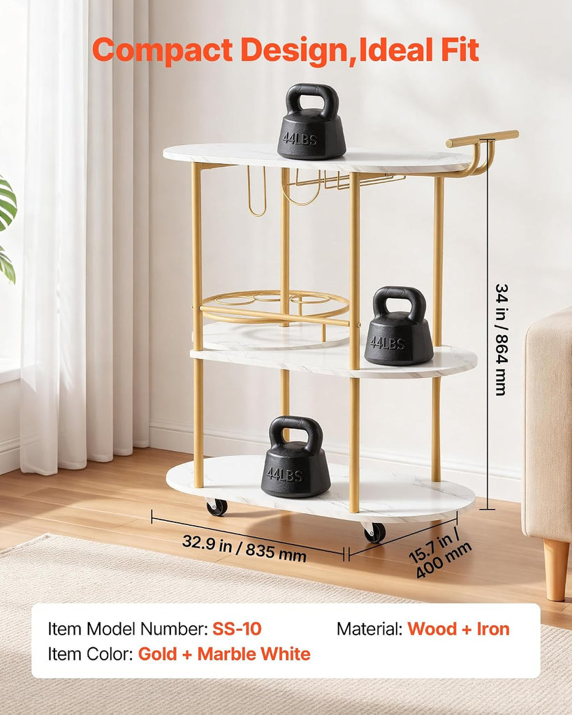 Bar Cart, 3 Tiers Home Kitchen Serving Carts, Modern Round Rolling Utility Station on Wheels, Mobile Drink Beverage