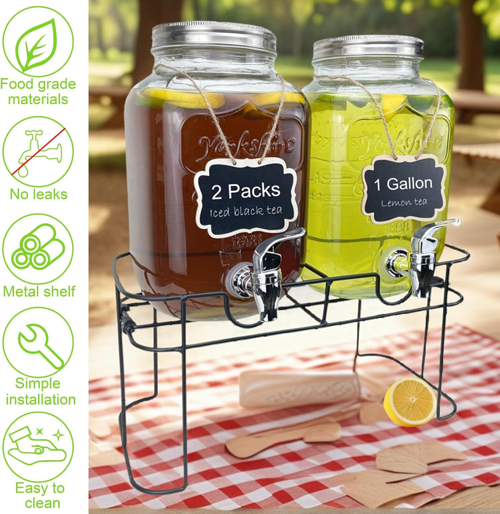 1 Gallon Glass Drink Dispenser for Parties, 2 Packs Juice Lemonade Ice Tea Water Dispenser with Stand, Beverage