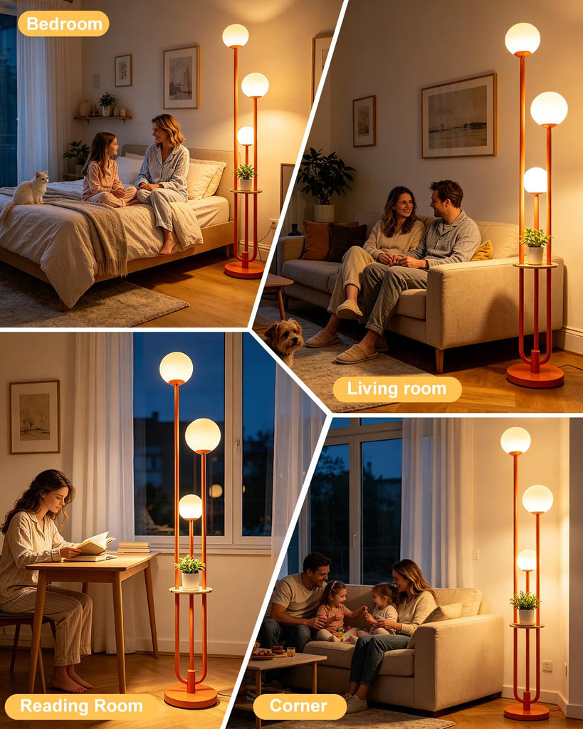 Dimmable 3-Light Globe Floor Lamp with Storage Shelf, Orange Mid Century Modern Standing Lamp, 3PCS 3000K Warm White