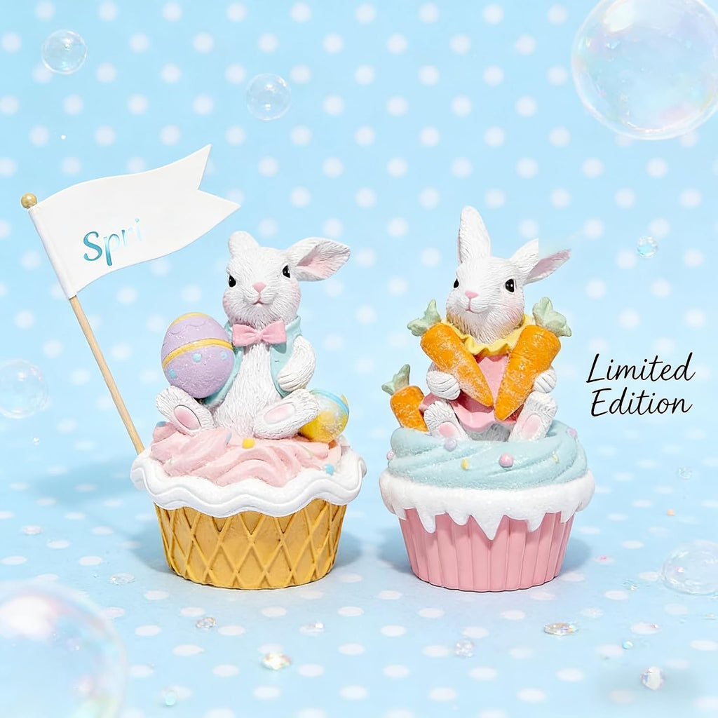Easter Bunny Cupcake Figurines with Carrots and Eggs - Cute Spring Tabletop Decor for Easter Celebration, Decorations - Set of 2