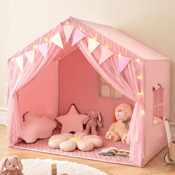 Kids Play Tent, Large Size Playhouse with Washable Cotton Mat Star Light Windows Plaid Pennants, 57.5" x 38" x 52.5"