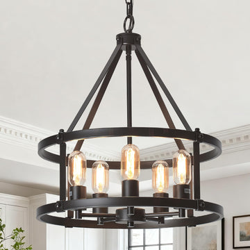 17.7''Farmhouse Black Chandelier, 5-Light Adjustable Height Industrial Hanging Lights E26 Base, Rustic Drum Pendant