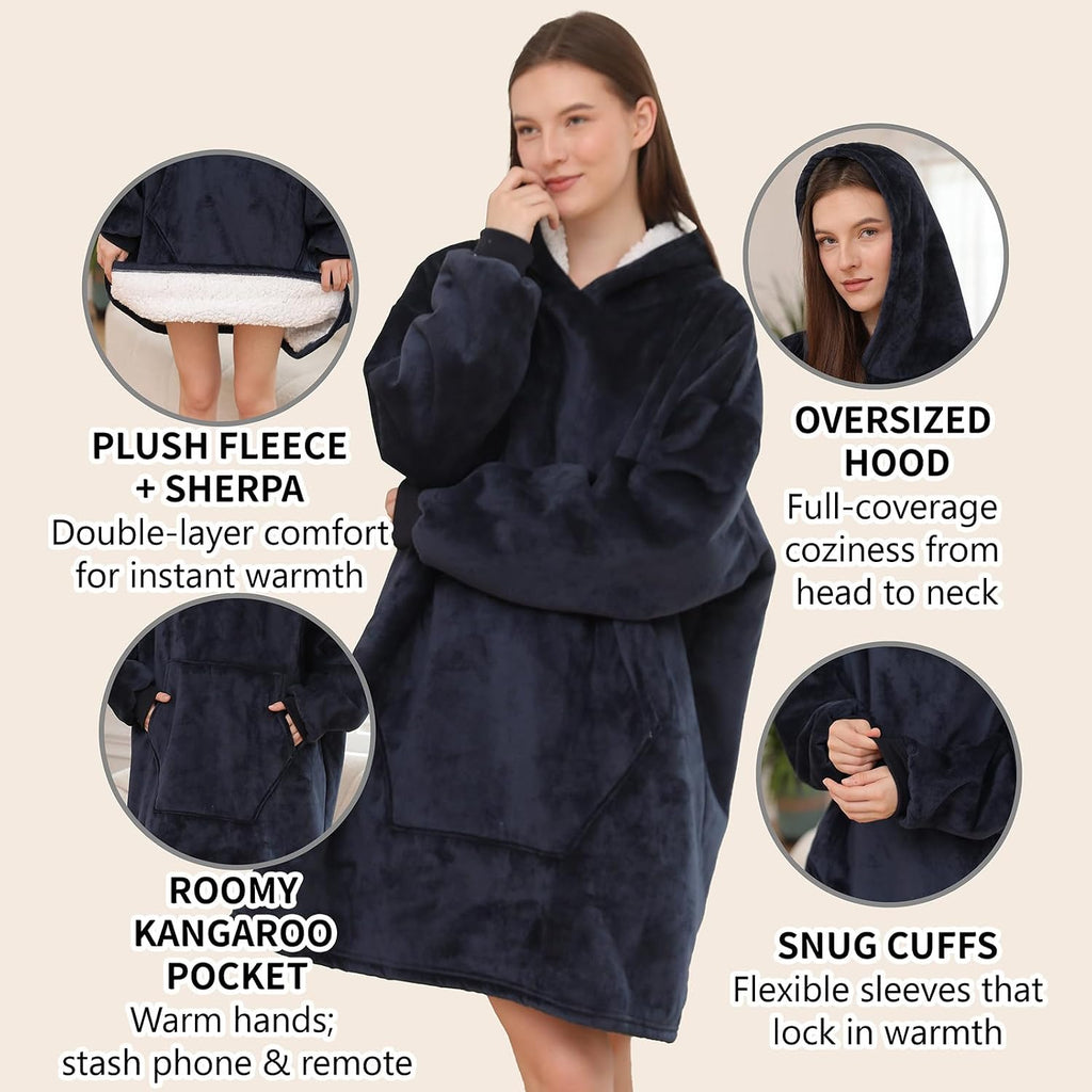 Wearable Blanket Hoodie, Oversized Sherpa Fleece Sweatshirt Blanket with Giant Hood Pocket and Sleeves for Adult