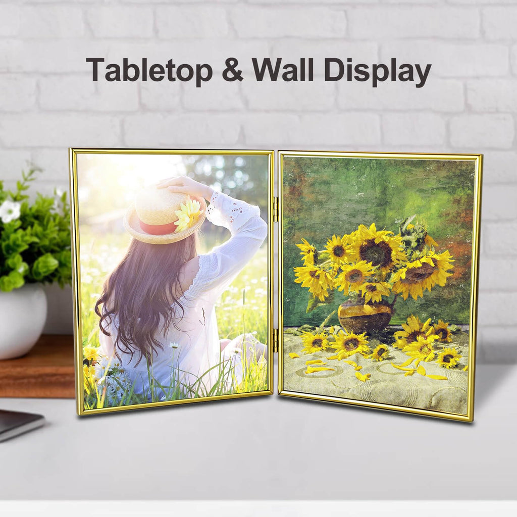 8x10 Picture Frame Double Hinged Folding, Elegant Thin Edge Metal Real Glass 8 by 10 Photo Frames, for Tabletop and