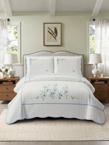 100% Cotton Quilt Set - 3-Piece Lightweight Bedspread Coverlet with Embroidery, All-Season Bohemian Bedding