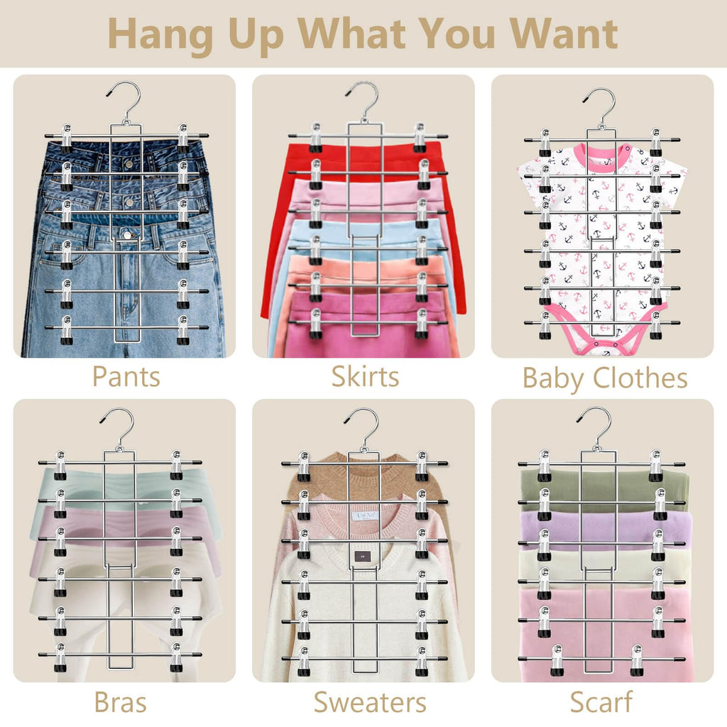 Pants Hangers with Clips, Space Saving Hanging Closet Organizer-6 Tiers Skirt Hangers with 360° Swivel Hook, Closet