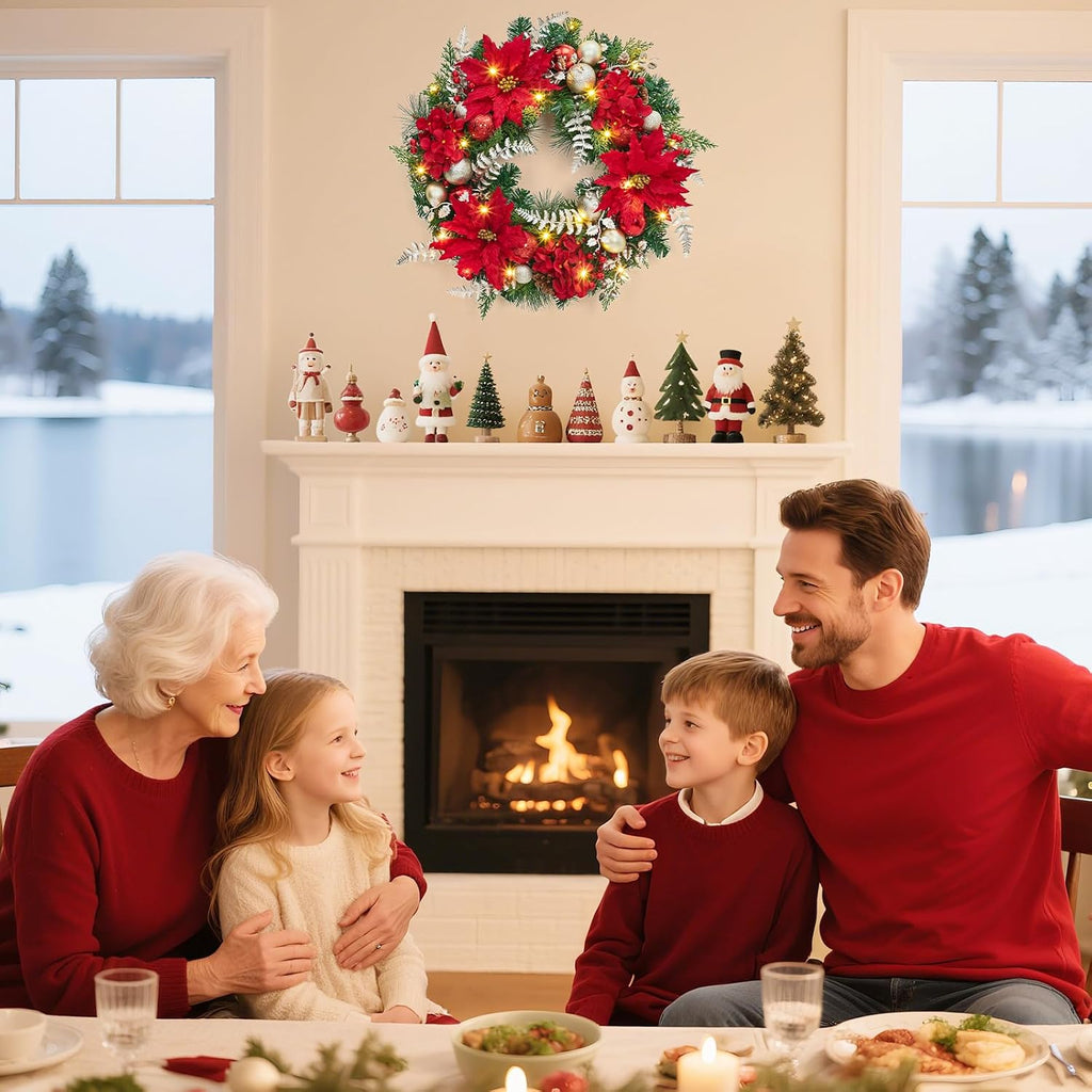 Pre-Lit Christmas Wreath for Front Door, 24 Inch Large Xmas Wreath for Holiday Decor, Battery Operated Xmas Lighted