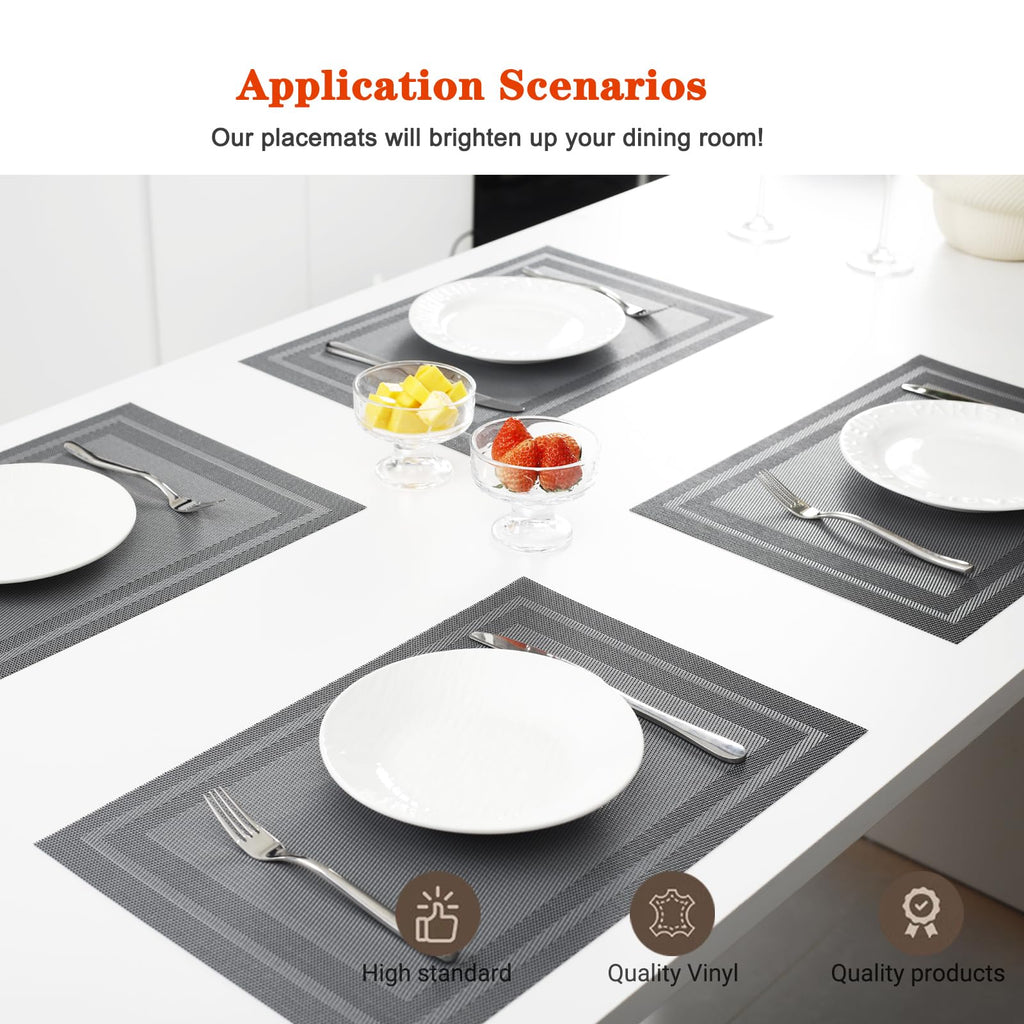 Gray Vinyl Placemats Set of 8,Washable Dining PVC Table Mats