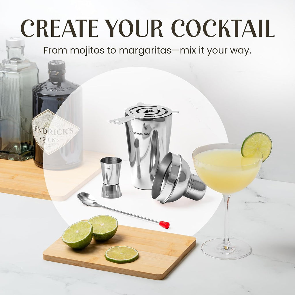 Cocktail Shaker Set - Bartender Kit with Pine Stand | Leak-Proof Design | Includes Martini Shaker, Jigger, Strainer - Set of 8