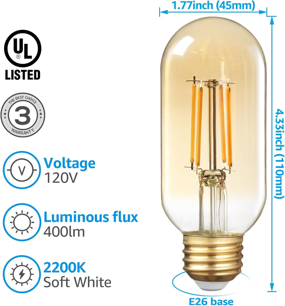 LED Tubular Light Bulb Dimmable, Amber Warm Glass, 2200K