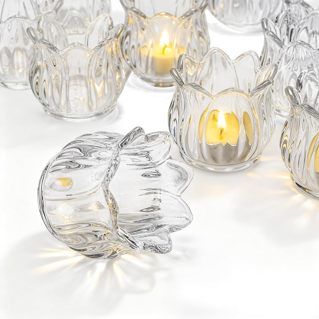 Set of 12 Tulip Glass Votive Candle Holders, Decorative Tea Light Candle Holders, Clear Glass Flower Tealight Candle