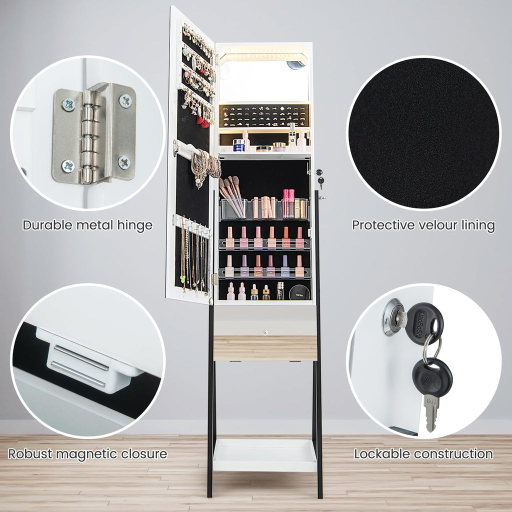 Jewelry Cabinet Armoire with Full Length Mirror, 3-Color Light Strips, Mirrored Tilt out Drawer, Lockable Standing