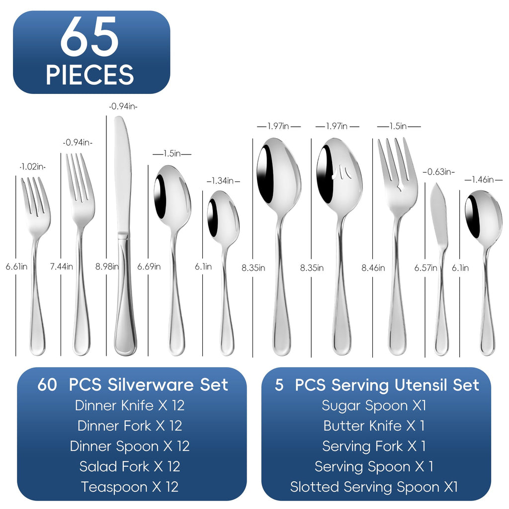 65 Piece Flatware Set for 12, 18/10 Stainless Steel Silverware Set Heavy