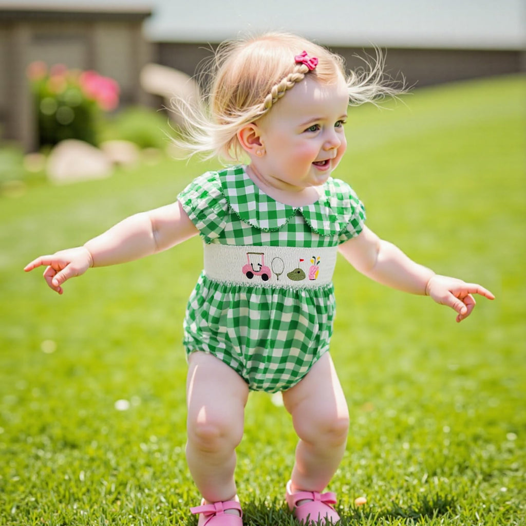 Girl Golf Outfit Plaid Print Short Sleeve Lapel Golf Romper Smocked Bodysuit Cute Newborn Girl Coming Home