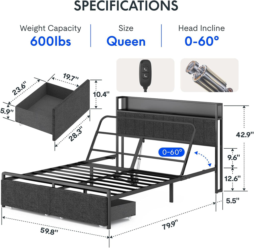 Adjustable Bed Base with Storage Headboard & Charging Station