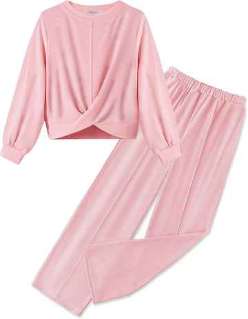Girls 2 Piece Outfits Twist Front Sweatshirt Wide Leg Sweatpants