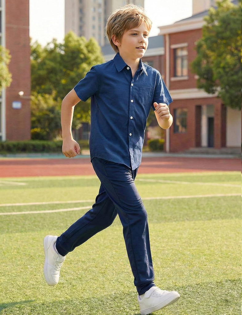 Boys Cotton Dress Shirt Button Down Kids Short Sleeve Uniform Solid (2-14 Years)
