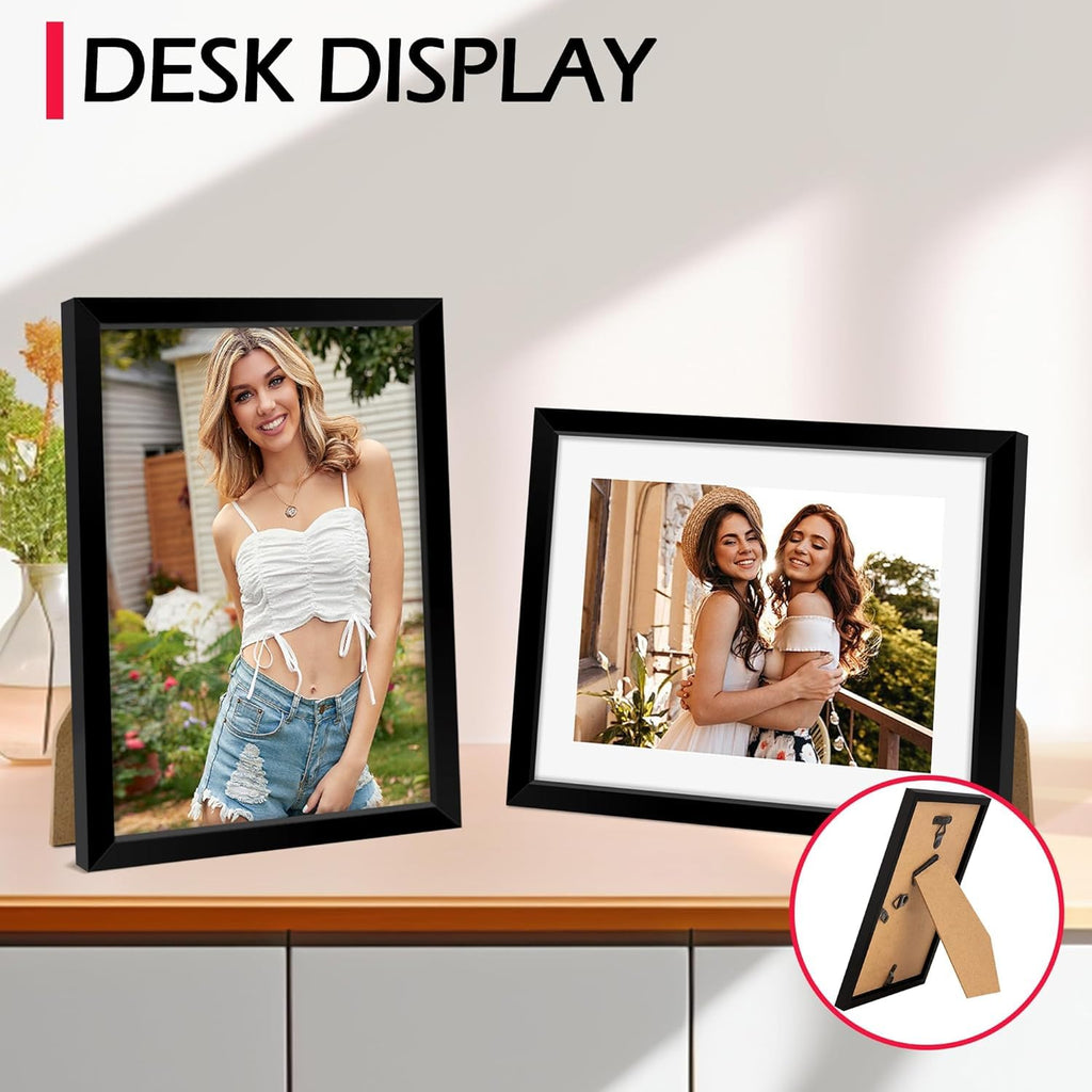 8x10 Picture Frame Set of 8, Black Photo Frames for Tabletop or Wall Display, Fits Pictures 5x7 with Mat or 8x10