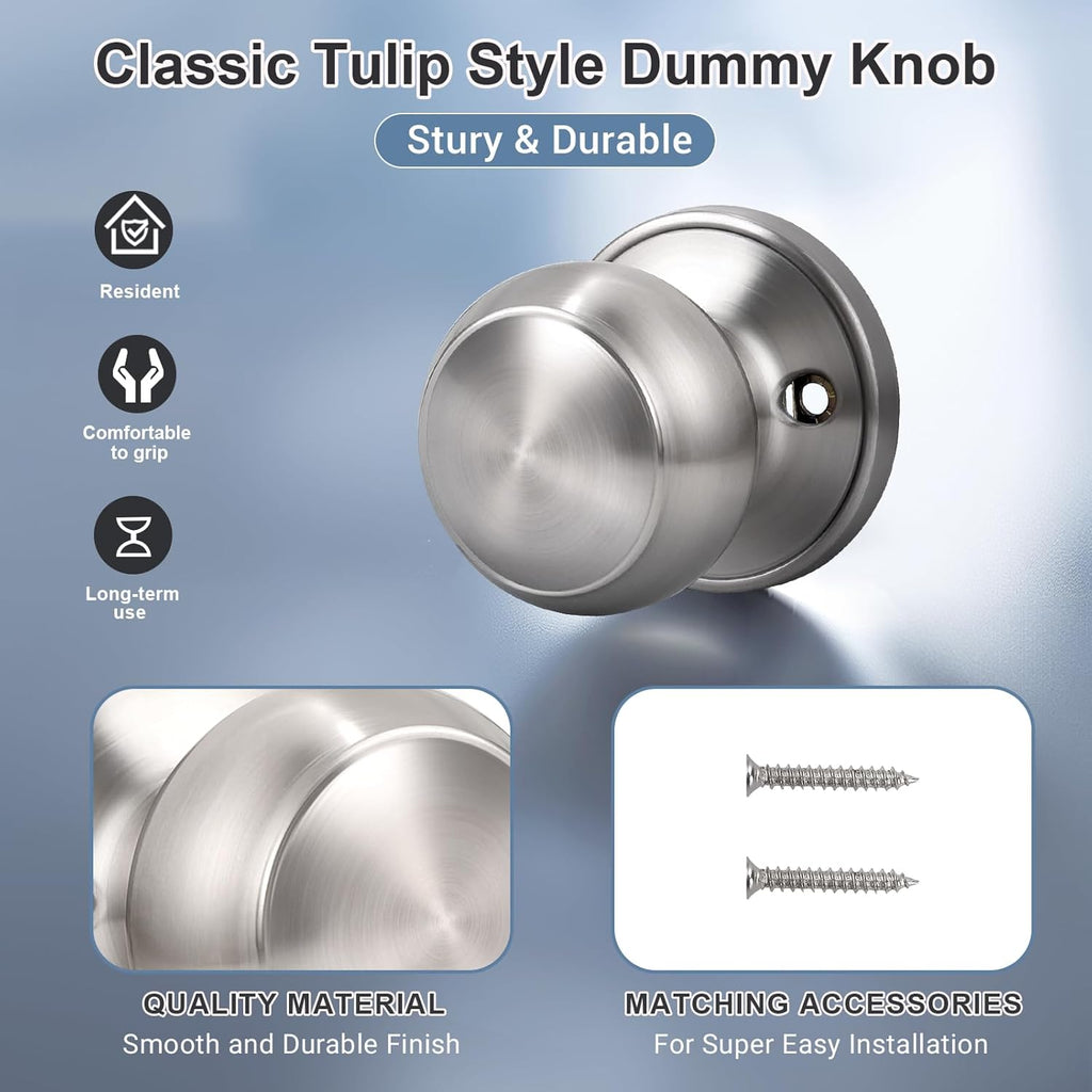 2 Pack Brushed Nickel Dummy Door Knob, Single Sided Handle for Closets, French Double Doors, and Pantry, Satin Nickel