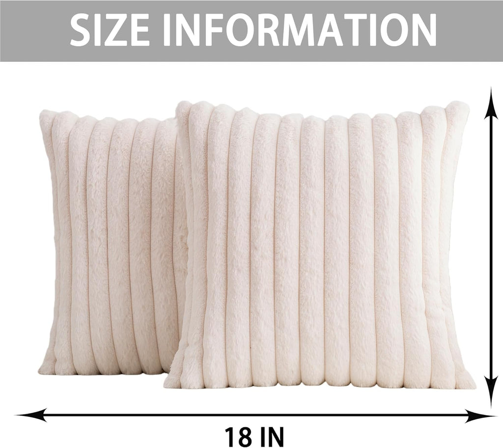 Pack of 2 Faux Fur Christmas Throw Pillow Covers 18x18 Inch, Soft Plush Striped Neutral Couch Pillow Cover, with