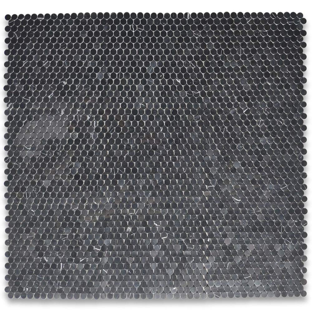 Nero Marquina Black Marble 3/4 inch Penny Round Mosaic Tile Honed Kitchen Bath Wall Floor Backsplash Shower (1 Sheet)