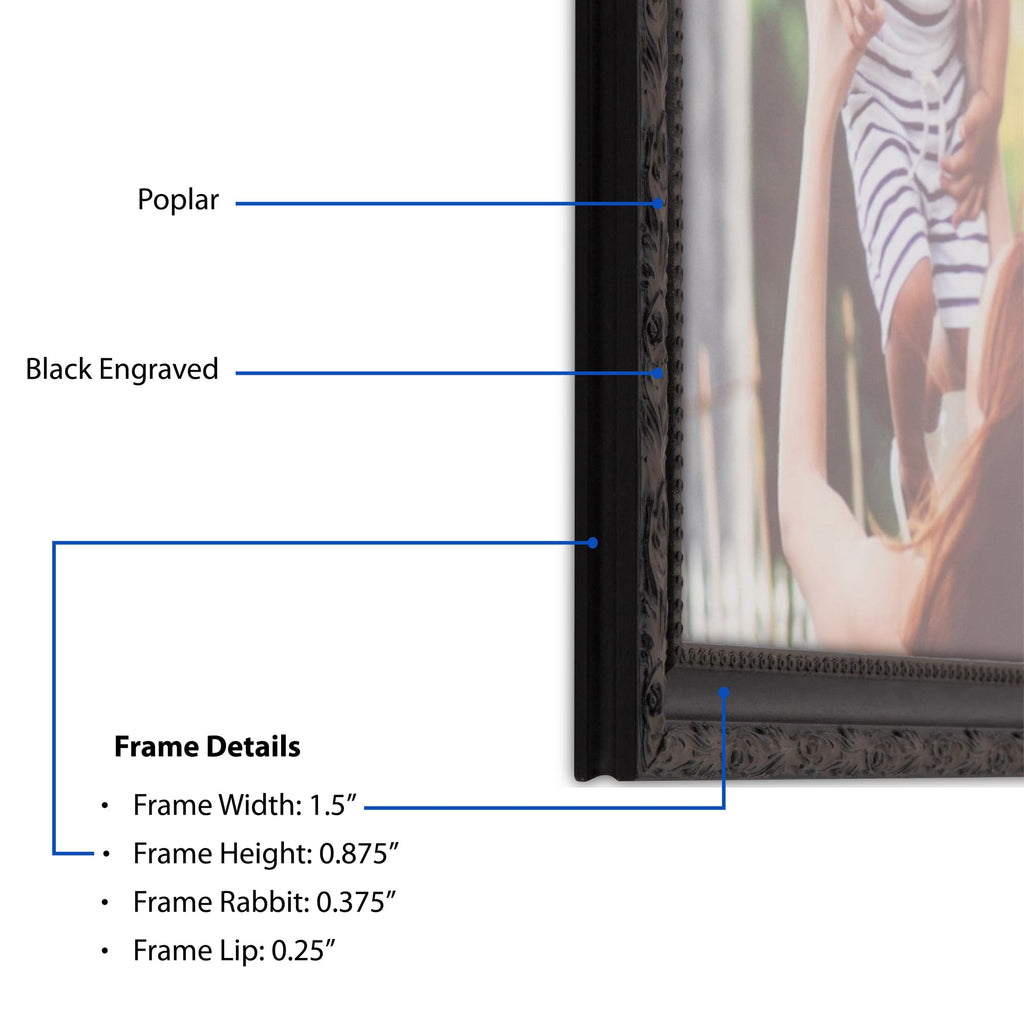 12x24 Inch Black Picture Frame, This 1.5000 Inch Custom Poster Frame is Black Engraved Edges - Comes with Acrylic and