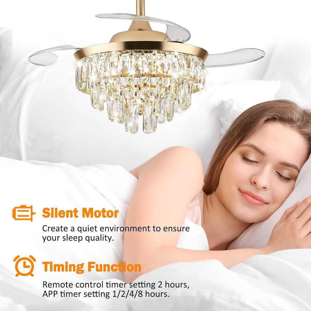 36" Crystal Ceiling Fan with Light, Retractable Fandelier with Remote/App