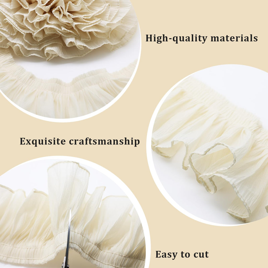 5 Yards Beige Pleated Lace Trim, 3.9inch Wide Ruffled Lace Ribbon Embroidered Gathered Edging Trimmings for Sewing