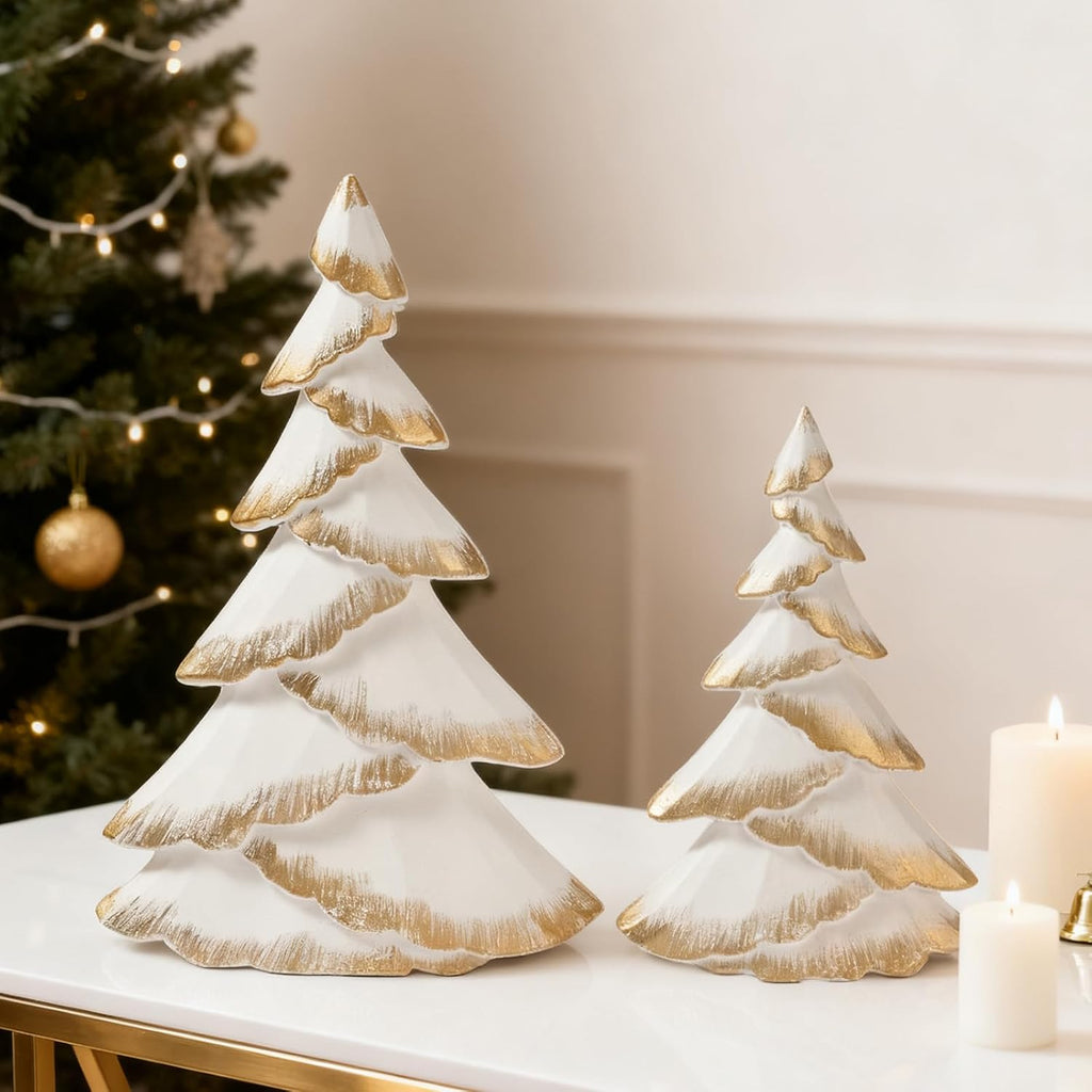 Christmas Tree Figurines Wood, 2PCS White & Gold Tabletop Trees