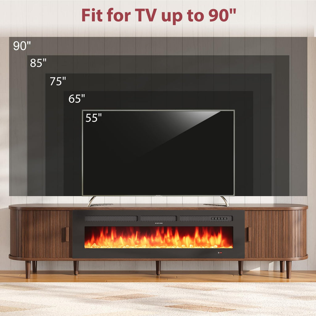 90" Mid Century Modern TV Stand with Fireplace, Fluted Fireplace TV Stand, Entertainment Center with Sliding Door, TV