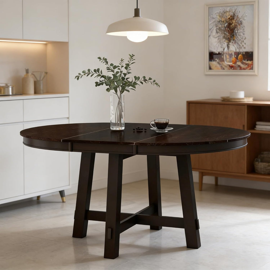 42"-58" Extendable Dining Table for 4-6, Solid Wood Oval Dining Kitchen Table with Removable Leaf, Farmhouse Circle