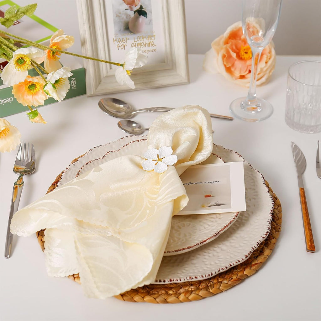 White Flower Napkin Rings, Metal Napkin Holder Rings Table Decorations for Wedding,Fall,Daily - Set of 12