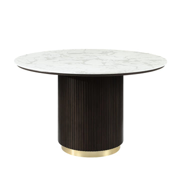 52'' Marble Stone Dining Table Round Circle Kitchen Dinner Table Living Room, Wood Pedestal Base & Espresso Finish &