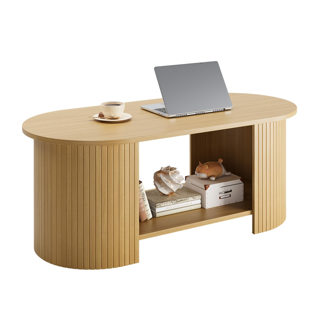 42" Oval Fluted, 2-Tier Center Table with Large Storage, Mid-Century Modern Wood, Small Space, Oak