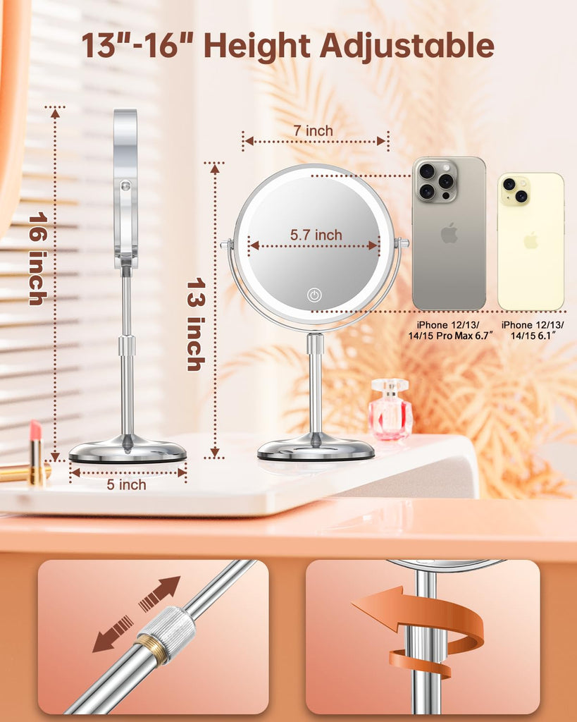 7" Lighted Makeup Mirror with Magnification 10X, Height Adjustable,3 Lights