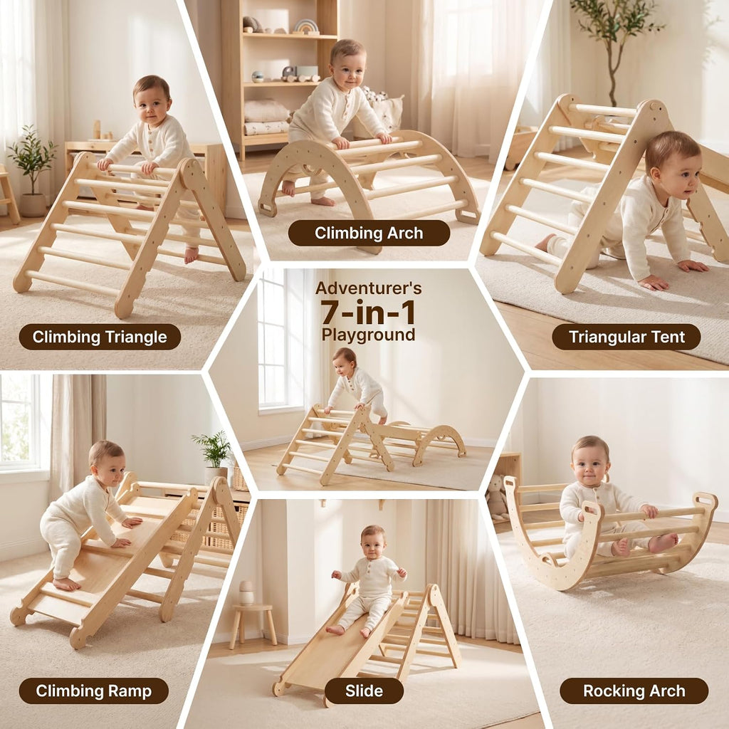 Pikler Triangle Set, Wooden Montessori Climbing Toys for 1-3 Year Old, Foldable in-1 Toddler Baby Indoor Play Gym