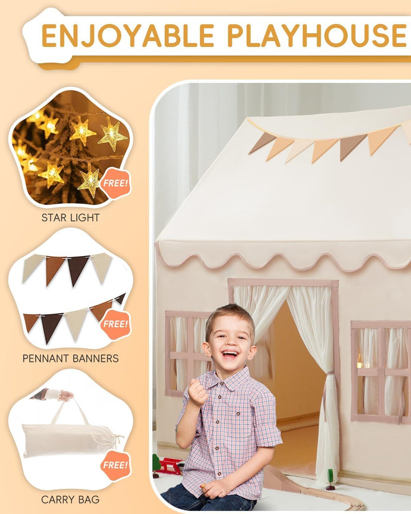 Large Kids Tent Playhouse Base Fabric with Star Lights, Flags and Tote Bags, Kids Play Tent Indoor & Outdoor